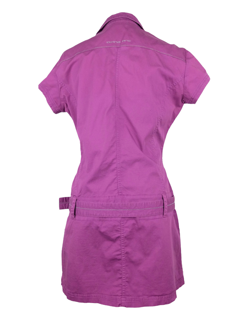 Vintage 2000s Y2K Utility Fuchsia Magenta Pink Collared Short Sleeve Snap Button Down Low Rise Mini Dress with Adjustable Belt | Size M