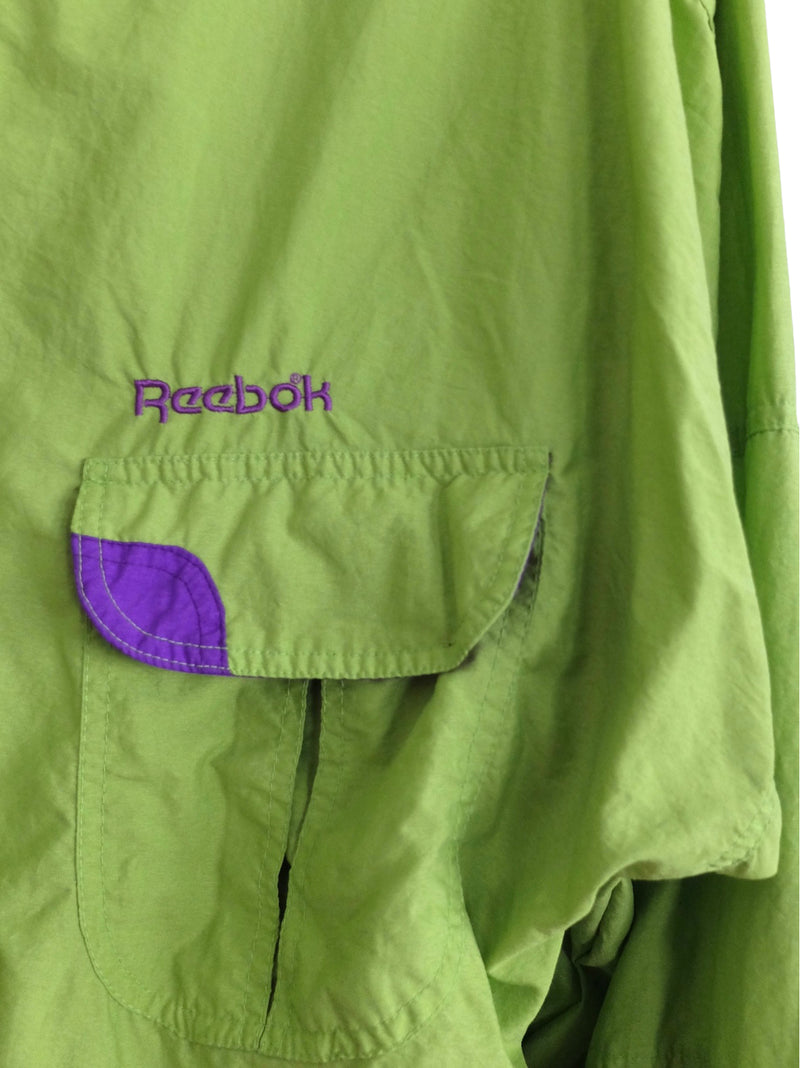 Vintage 80s Reebok Branded Logo Sports Athletic Lime Green & Purple 1/4 Zip Up Pullover Track Jacket | Men’s Size L-XL | Women’s Size XXL