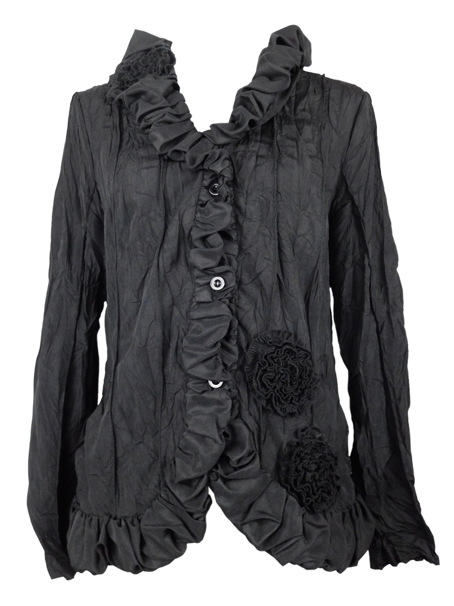 Vintage 2000s Y2K Soft Grunge Goth Black Ruffled Collared Long Sleeve Button Down Blouse with Floral Detail | Size L