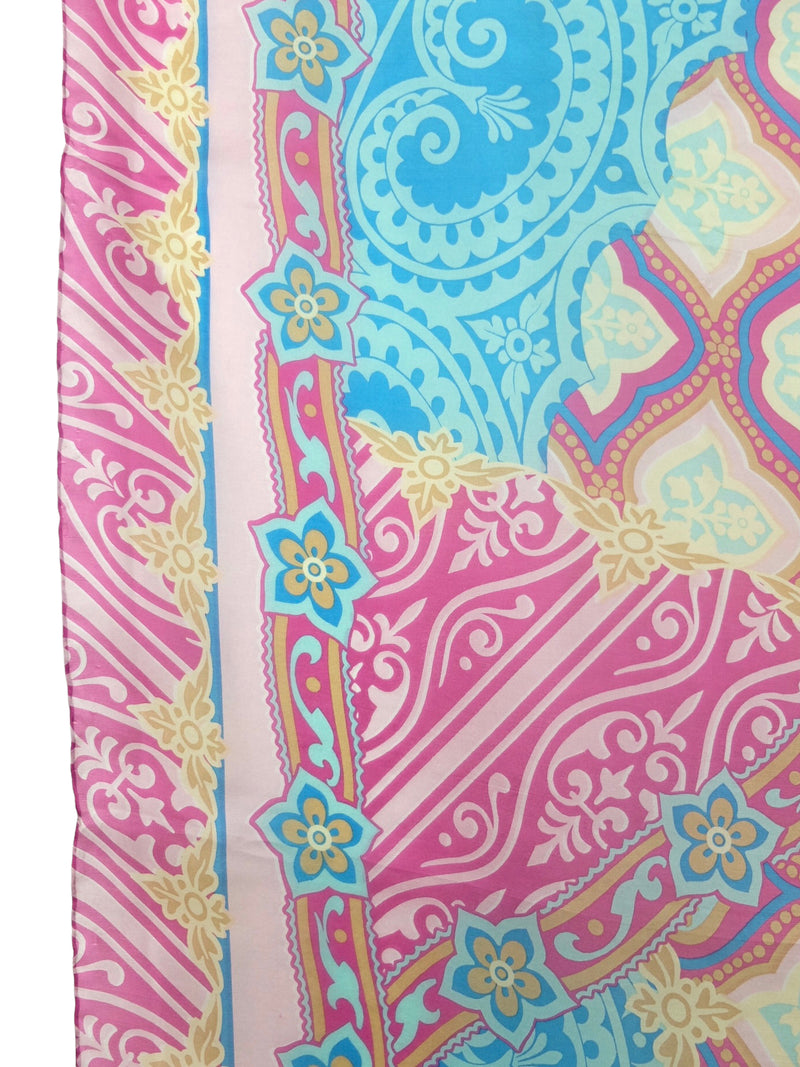 Vintage 80s Silk Preppy Chic Psychedelic Paisley Patterned Pink & Blue Abstract Patterned Large Square Bandana Neck Tie Scarf with Hand-Rolled Hem