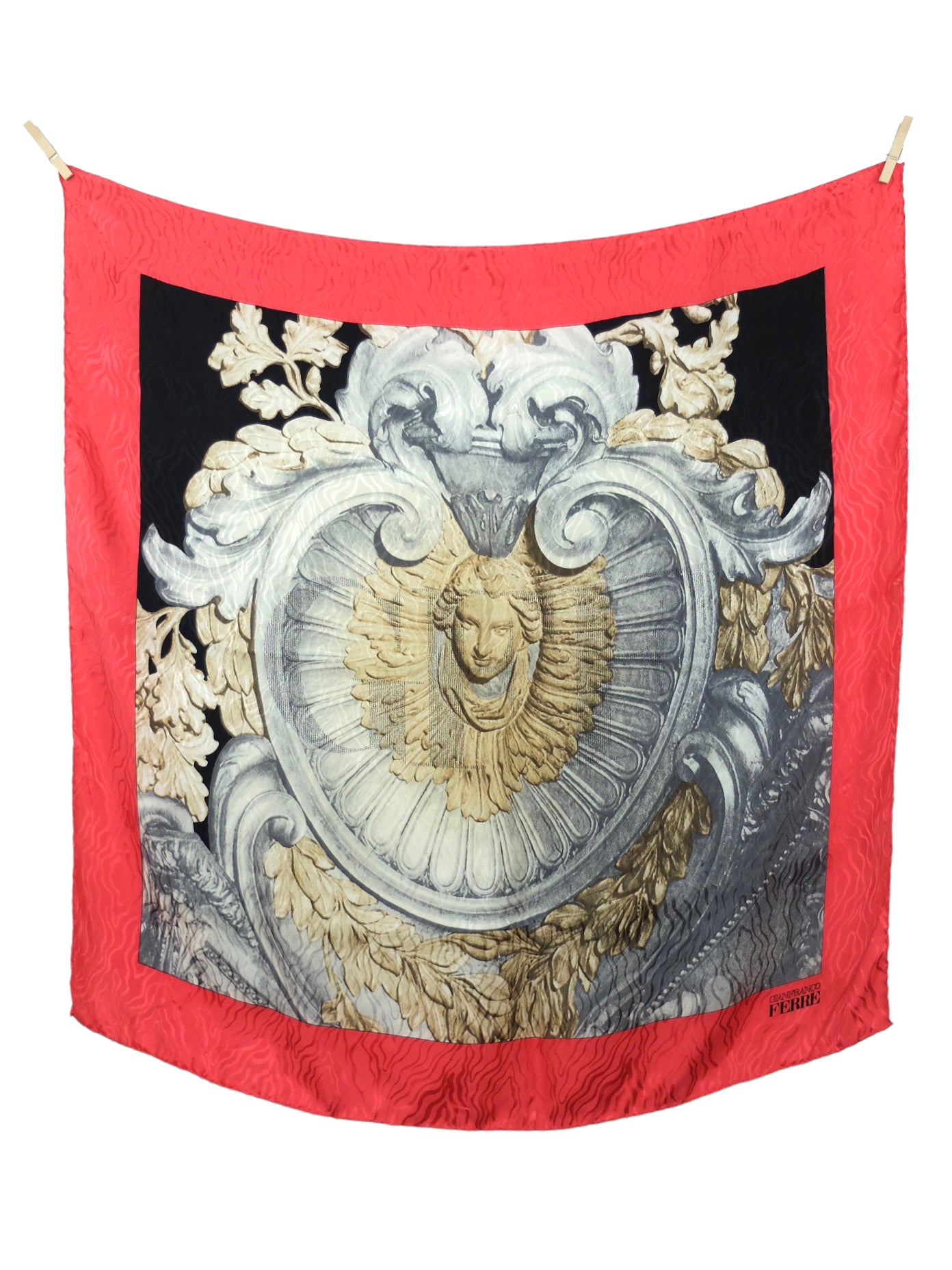 Vintage 2000s Y2K Gianfranco Ferre Silk Regency Red & Grey Baroque Statue Patterned Large Square Bandana Neck Tie Scarf