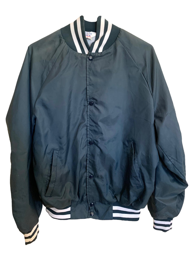 Vintage 80s Sportswear Navy Blue Basic Solid Nylon Baseball Snap Button Down Bomber Jacket | Women’s Size M