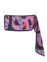 Vintage 80s Silk Abstract Funky Patterned Bright Purple & Black Long Wide Neck Tie Wrap Shawl Scarf with Hand-Rolled Hem