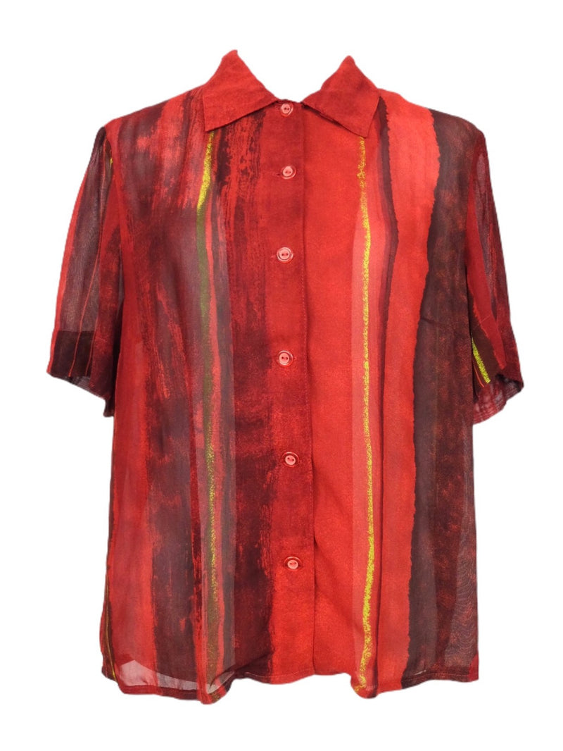 Vintage 80s Bohemian Bright Red Abstract Striped Half Sleeve Sheer Collared Button Up Blouse | Size S