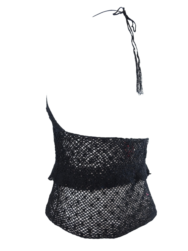 Vintage 2000s Y2K Miss Sixty Bohemian Festival Style Black Crocheted Halter Tank Top Blouse | Size M