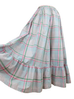 Vintage 80s Ralph Lauren Preppy Cottage Prairie High Waisted Pastel Pink & Green Check Print Ruffled Floor Length Cotton Maxi Skirt | 27 Inch Waist