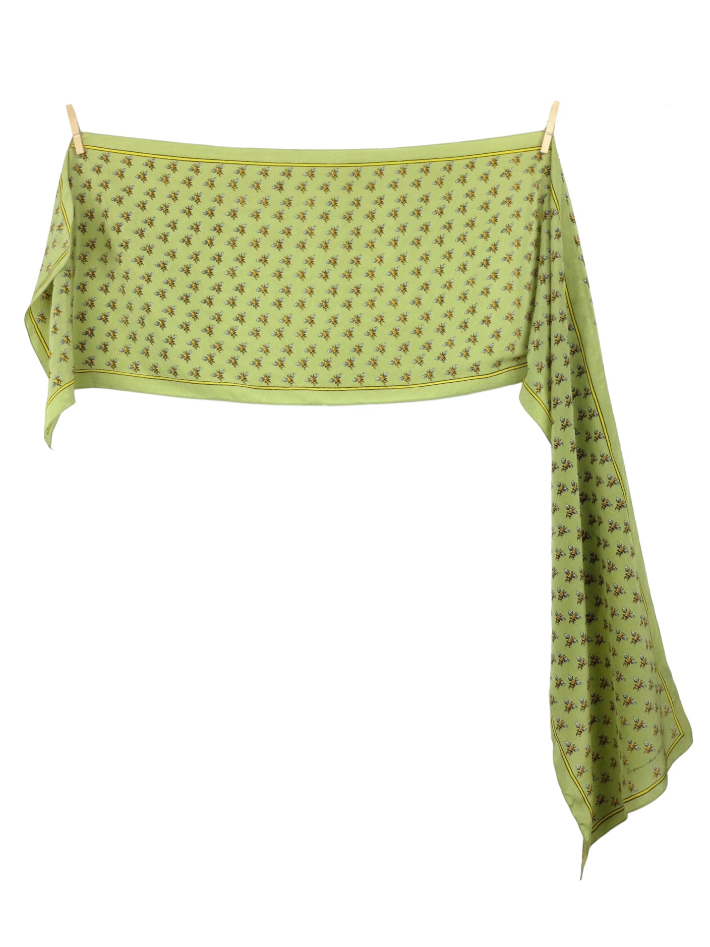 Vintage 90s Silk Preppy Chic Silk Green Bumblebee Print Long Wide Neck Tie Scarf