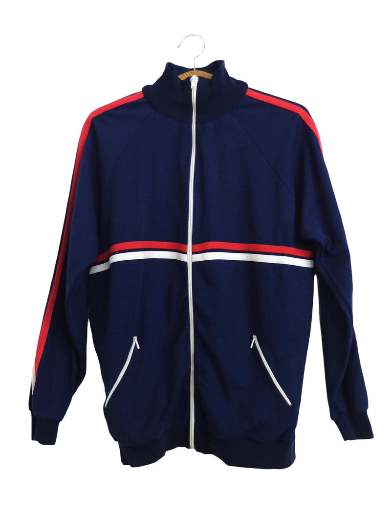 Vintage 70s Mod Sportswear Athletic High Neck Navy Blue Red & White Striped Zip Up Track Jacket | Men’s Size M | Women’s Size L