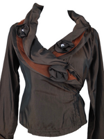 Vintage 2000s Y2K Soft Grunge Metallic Brown & Orange Draped V-Neck Long Sleeve Blouse with Floral Detail & Wrap Tie | Size S-M