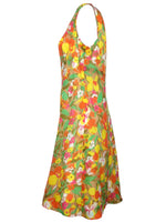 Vintage 60s Mod Psychedelic Bright Orange Yellow & Green Floral Sleeveless Tank V-Neck Fit & Flare Circle Midi Dress