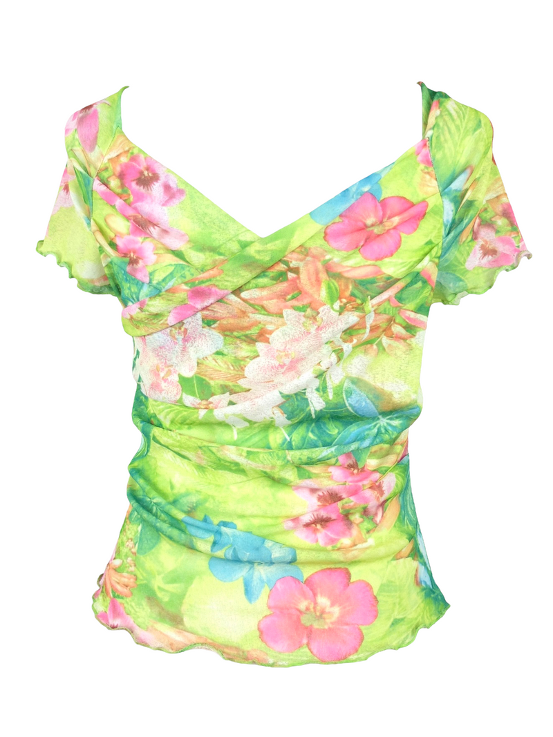 Vintage 2000s Y2K Tropical Mesh Lettuce Hem Draped Green Pink & Blue Floral Print Short Sleeve V-Neck Blouse | Size M-L