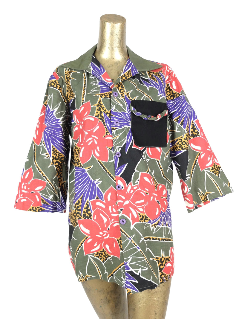 70s Tropical Floral Collared Button Up 3/4 Sleeve Hawaiian Shirt