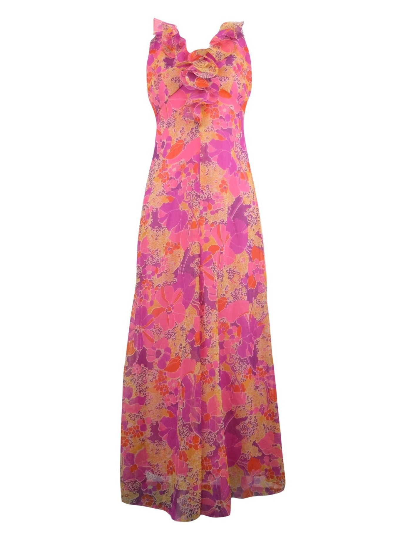 Vintage 60s Mod Psychedelic Hippie Bright Pink & Purple Abstract Floral Print Ruffled Sleeveless Tank Circle Floor Length Maxi Dress | Size S