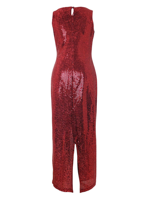 Vintage 90s Y2K Formal Chic Party Going-Out Rave Clubwear Bright Red Sequin Sparkle Glitter Sleeveless Tank Floor Length Maxi Dress | Size S