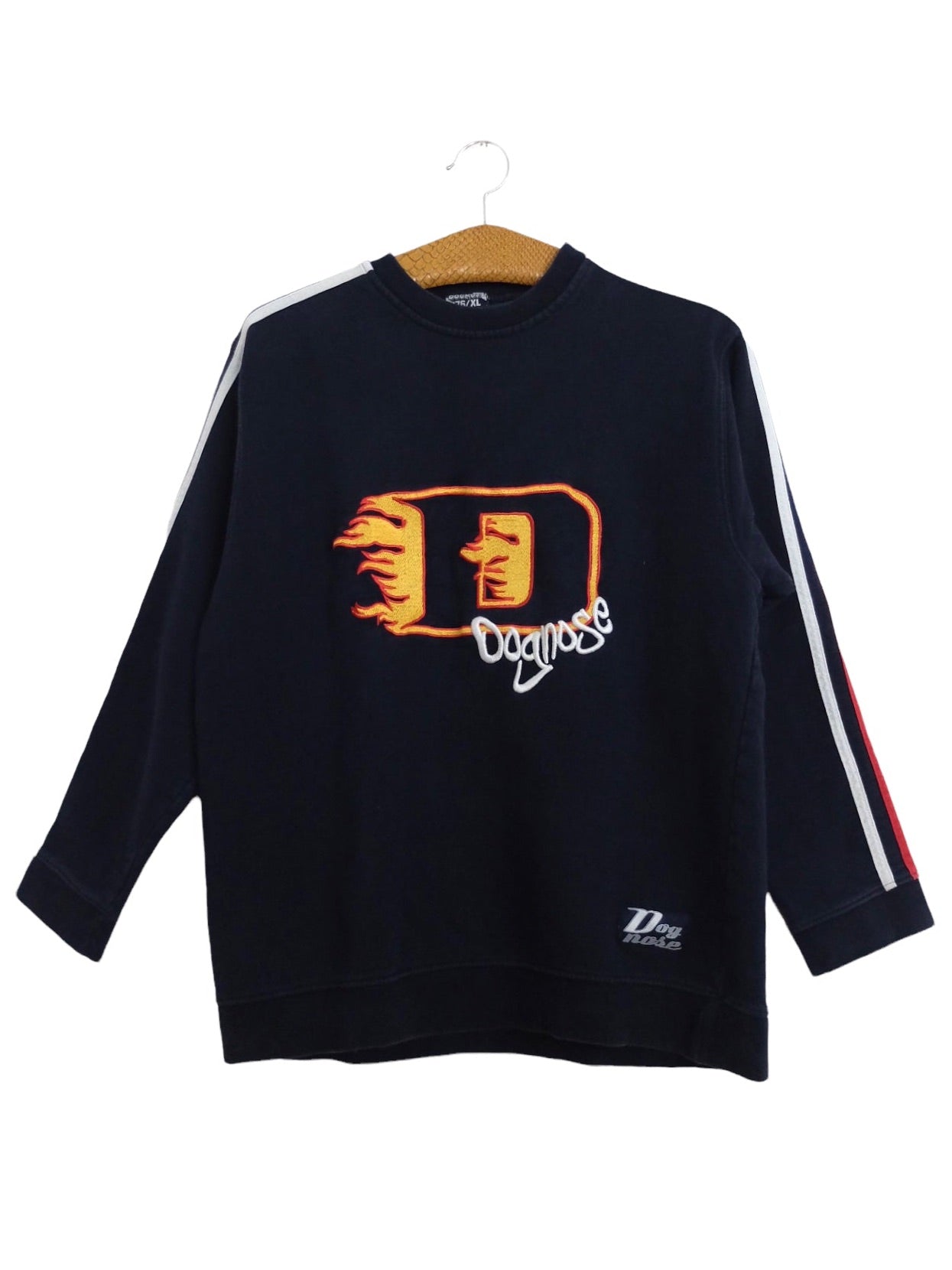 Vintage 90s Y2K Dognose Embroidered Athletic Sports Streetwear Navy Blue Striped Branded Crew Neck Pullover Sweatshirt | Women’s Size S