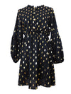 Vintage 2000s Y2K Black & Gold Polka Dot 1/2 Button Down High Neck Cinched Long Sleeve Fit & Flare Skater Above-the-Knee Circle Mini Dress | Size M