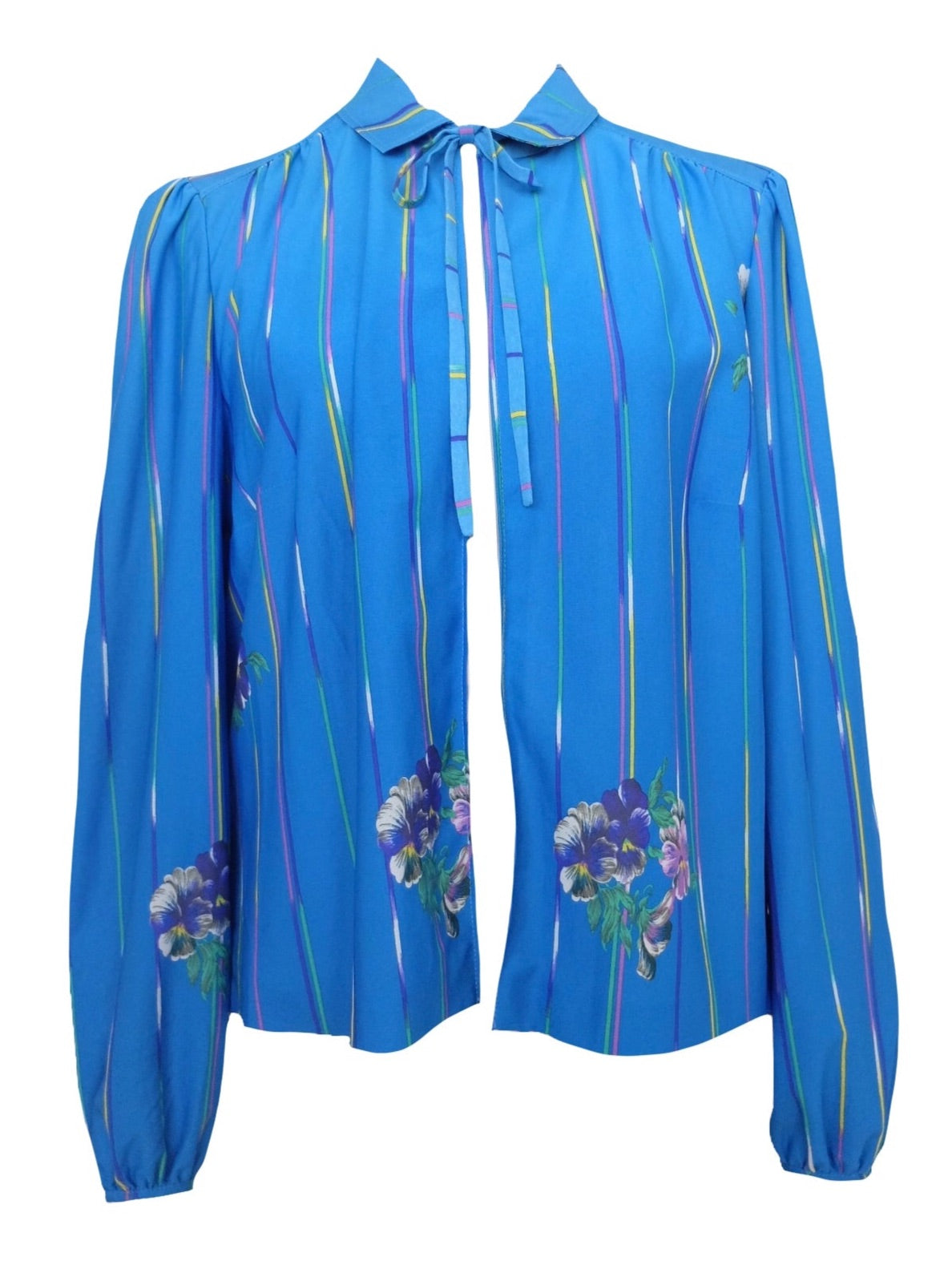 Vintage 60s Mod Psychedelic Hippie Chic Bright Blue Abstract Floral Striped Peter Pan Collared Bow Tie Long Sleeve Open Blouse | Size S