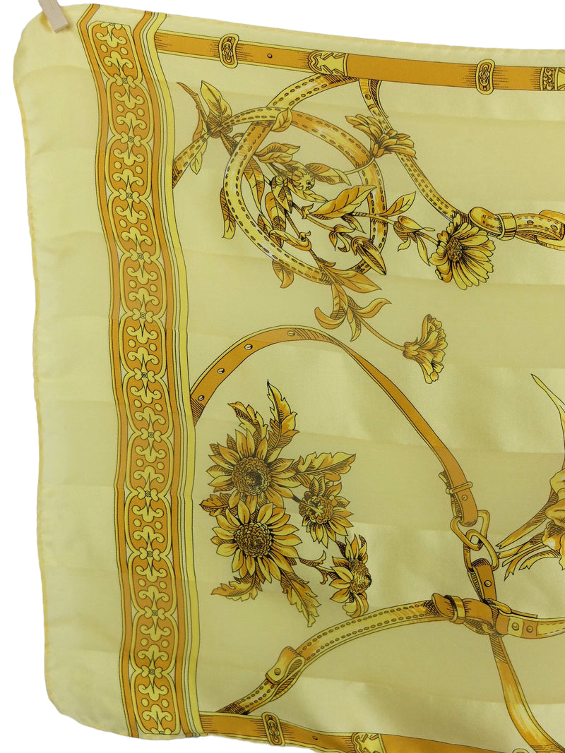 Vintage 80s Silk Avant-Garde Chic Gold Yellow Baroque Floral Patterned Long Wide Wrap Neck Shawl Scarf