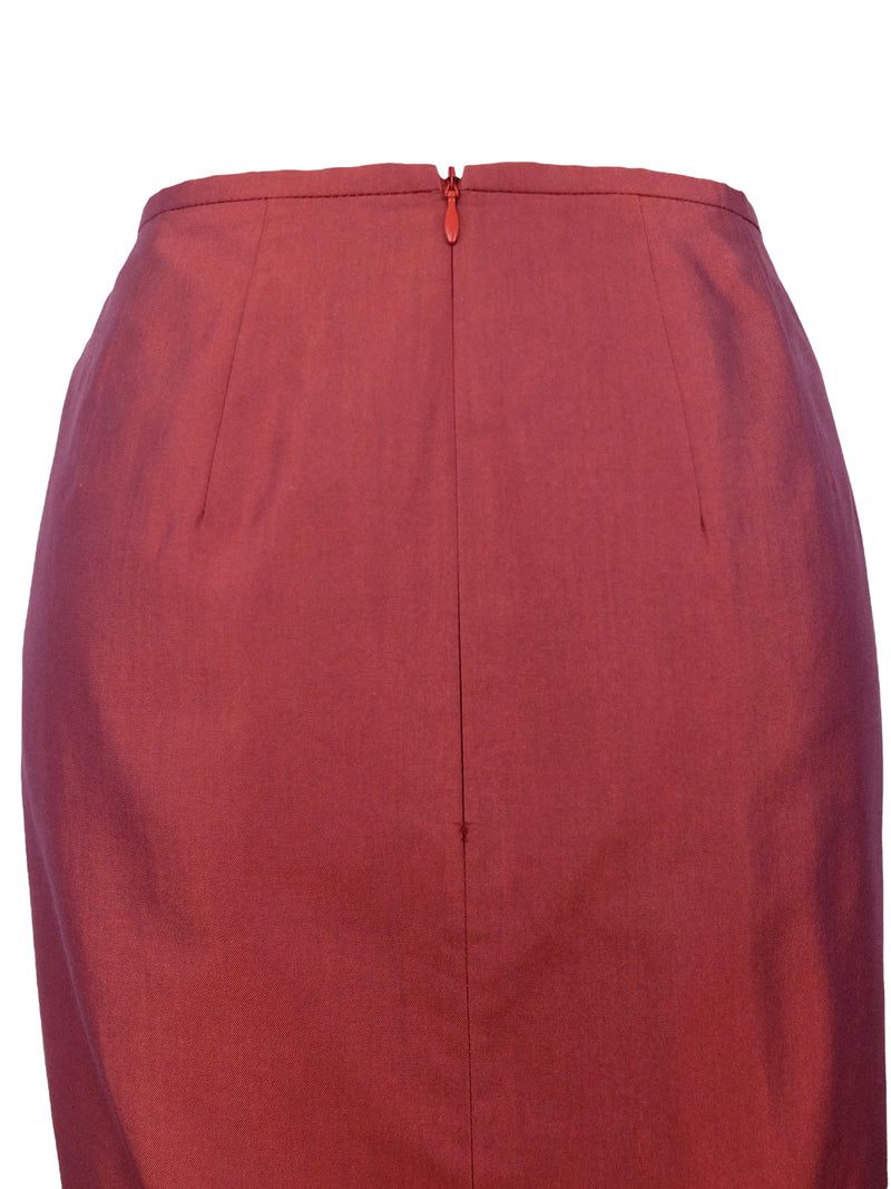 Vintage 90s Silk Blend Deadstock Formal Grunge Mid-Rise Red Metallic Below-the-Knee Midi Skirt with Back Slit | Size 29 Inch Waist