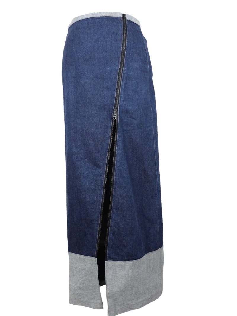 Vintage 2000s Y2K Subversive Soft Grunge Bohemian Asymmetrical Dark Wash Blue Denim Jean Floor Length Zippered Maxi Skirt | 29 Inch Waist