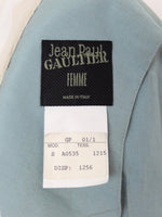 Vintage 80s Jean Paul Gaultier Femme Designer RARE Silk & Linen Turquoise Blue Asymmetrical Neckline V-Neck Fitted Button Down Lightweight Blazer Jacket | Size S-M