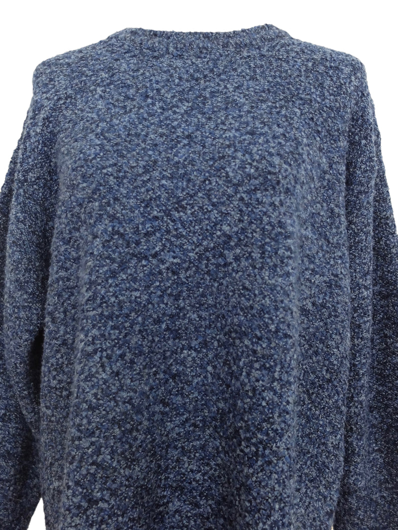 Vintage 90s Y2K Preppy Bohemian Mod Blue Marled Soft Fuzzy High Scoop Neck Knit Pullover Sweater Jumper | Women’s Size L | Men’s Size M