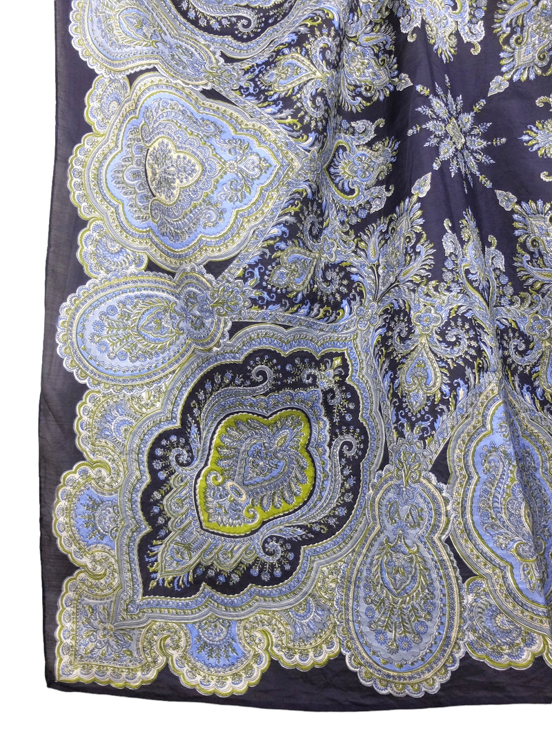 Vintage 80s Silk Hippie Bohemian Festival Style Navy Blue & Green Paisley Patterned Large Square Bandana Shawl Wrap Scarf