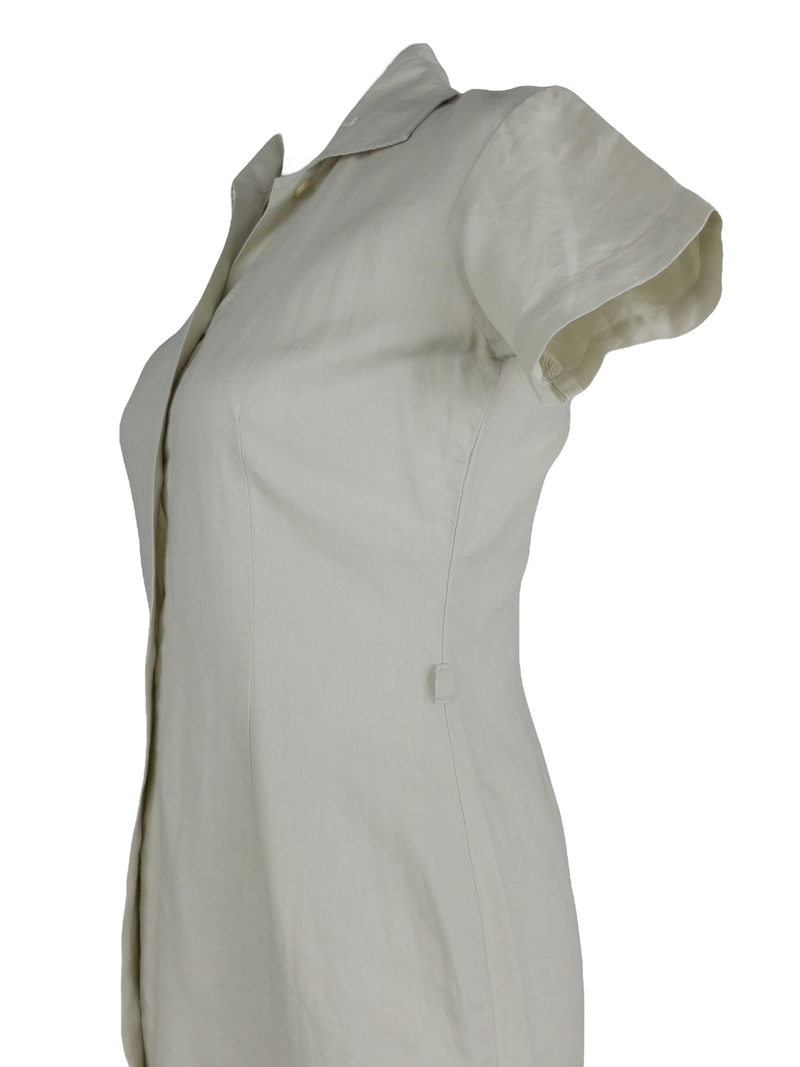 Vintage 90s Basic Solid Cream Tan Linen Blend Collared Short Sleeve Button Down Casual Summer Midi Dress | Size S