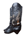 Vintage 80s Western Glam Rock Chic Mid-Calf Black Leather Heeled Cutout Cowboy Boots with Gold Appliqué Detail | Women’s Size EU 38, UK 5, US 7