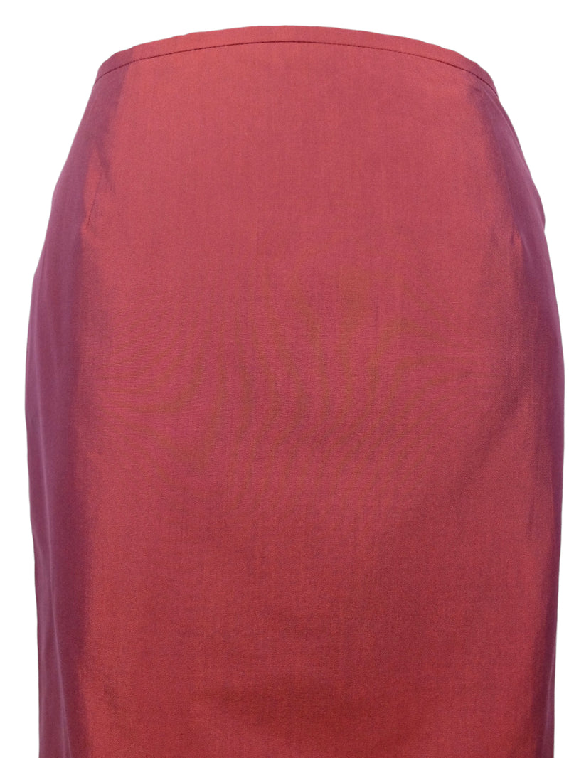 Vintage 90s Silk Blend Deadstock Formal Grunge Mid-Rise Red Metallic Below-the-Knee Midi Skirt with Back Slit | Size 29 Inch Waist