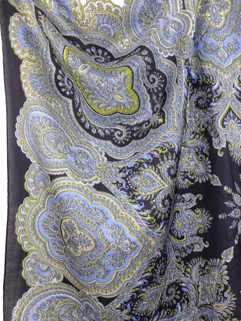 Vintage 80s Silk Hippie Bohemian Festival Style Navy Blue & Green Paisley Patterned Large Square Bandana Shawl Wrap Scarf