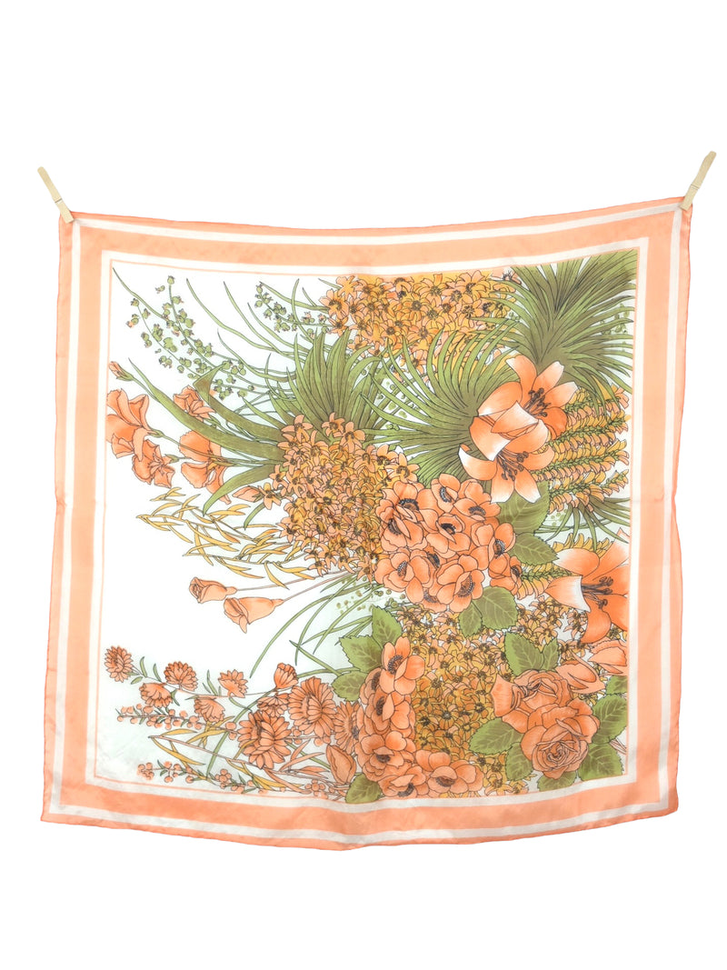 Vintage 70s Silk Mod Hippie Chic Coral Orange & White Square Bandana Neck Tie Scarf with Hand-Rolled Hem