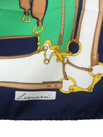 Vintage 80s Equestrian Avant-Garde Chic Horse Saddle Print Green & Navy Blue Square Bandana Neck Tie Scarf