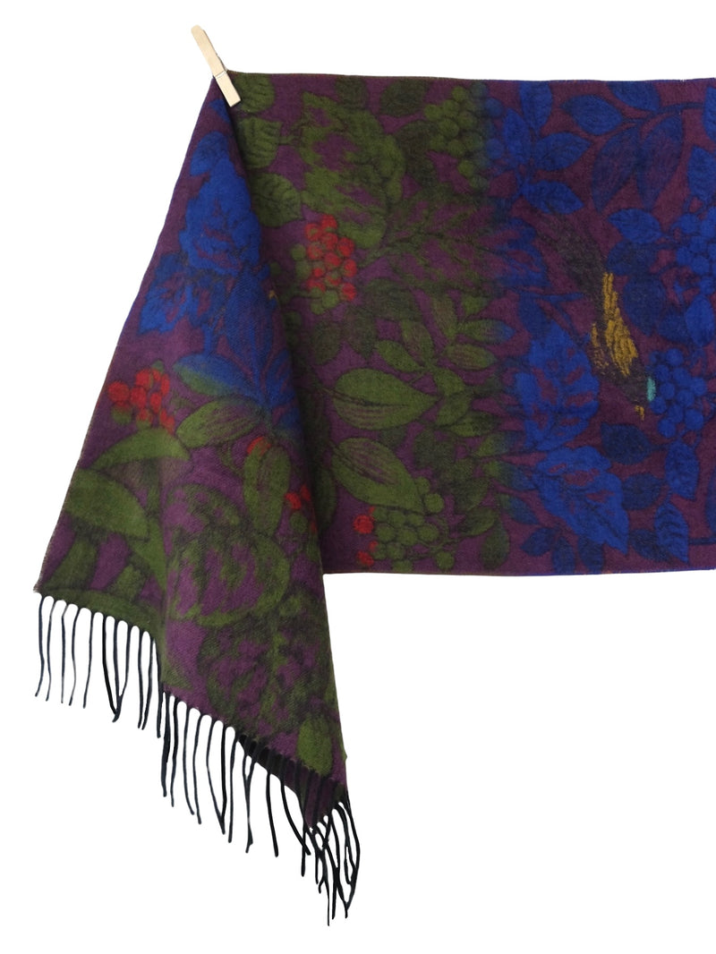 Vintage 80s Bohemian Abstract Floral & Bird Nature Patterned Long Wide Wrap Winter Scarf with Fringe
