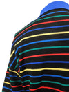 Vintage 80s Wool Blend Boho Mod Preppy Funky Abstract Striped Wool Blend Black & Primary Multicoloured Long Sleeve 1/4 Button Up Collared Polo Thin Sweater | Women’s Size M-L | Men’s Size S-M