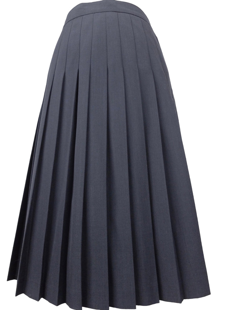 Vintage 90s Wool Blend Mod Navy Blue Solid Basic Preppy High Waisted Pleated A-Line Midi Skirt | 31 Inch Waist