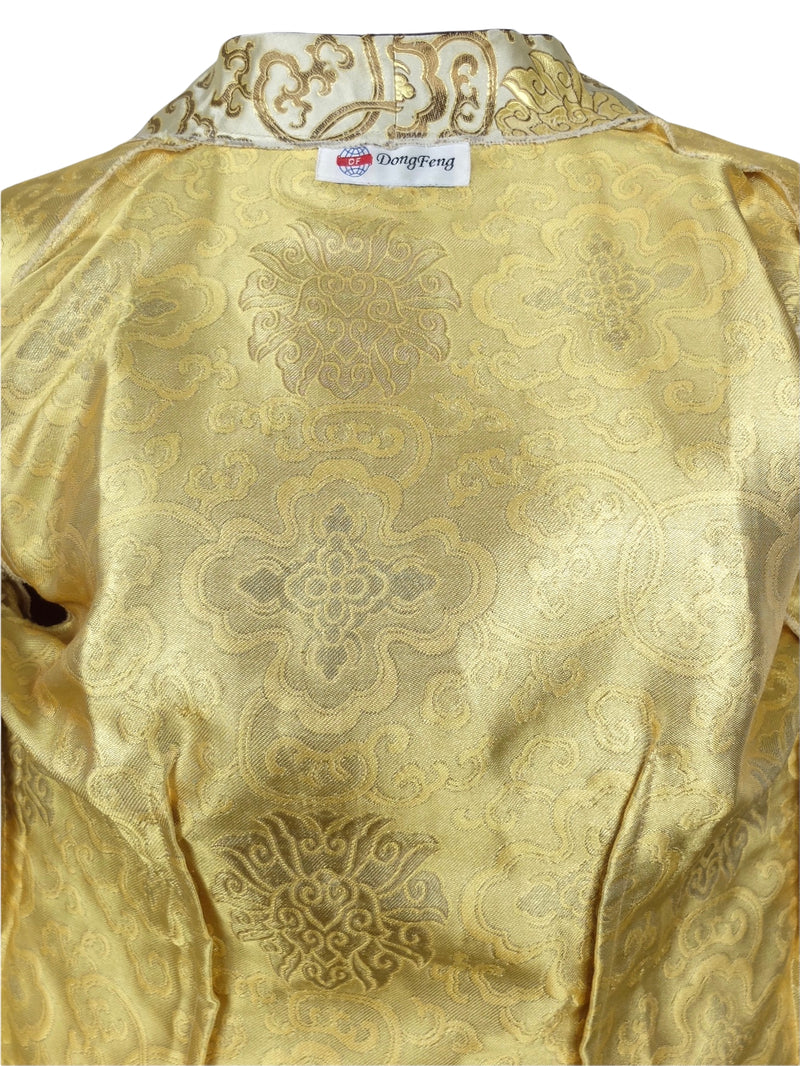 Vintage 80s Hippie Mod Psychedelic Chinese Brocade Print Satin Silk Blend Metallic Gold 3/4 Sleeve Button Up Blouse | Size S