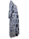 Vintage 80s Bohemian Avant-Garde Abstract Patterned Silk Blend Belted Button Down Blue & White Long Sleeve V-Neck Pantsuit Jumpsuit | Size M