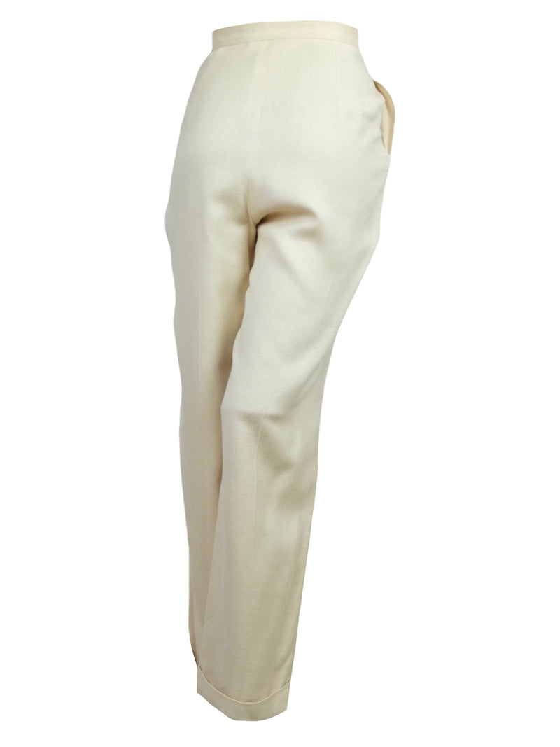 Vintage 80s Mod Preppy Cream High Waisted Pleated Straight Leg Trouser Pants | 27 Inch Waist