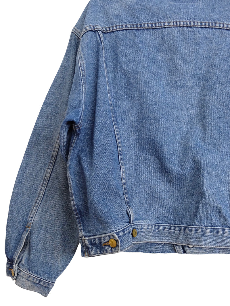 Vintage 90s Streetwear Utility Bohemian Oversized Medium Wash Blue Denim Jean Jacket | Men’s Size M-L | Women’s Size L-XL