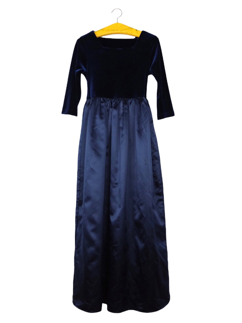 Vintage 90s Royal Blue Velvet 3/4 Sleeve Formal Full Circle Maxi Floor Length Ballgown Dress with Large Waist Bow Tie & Tulle Lining | Size XS-S