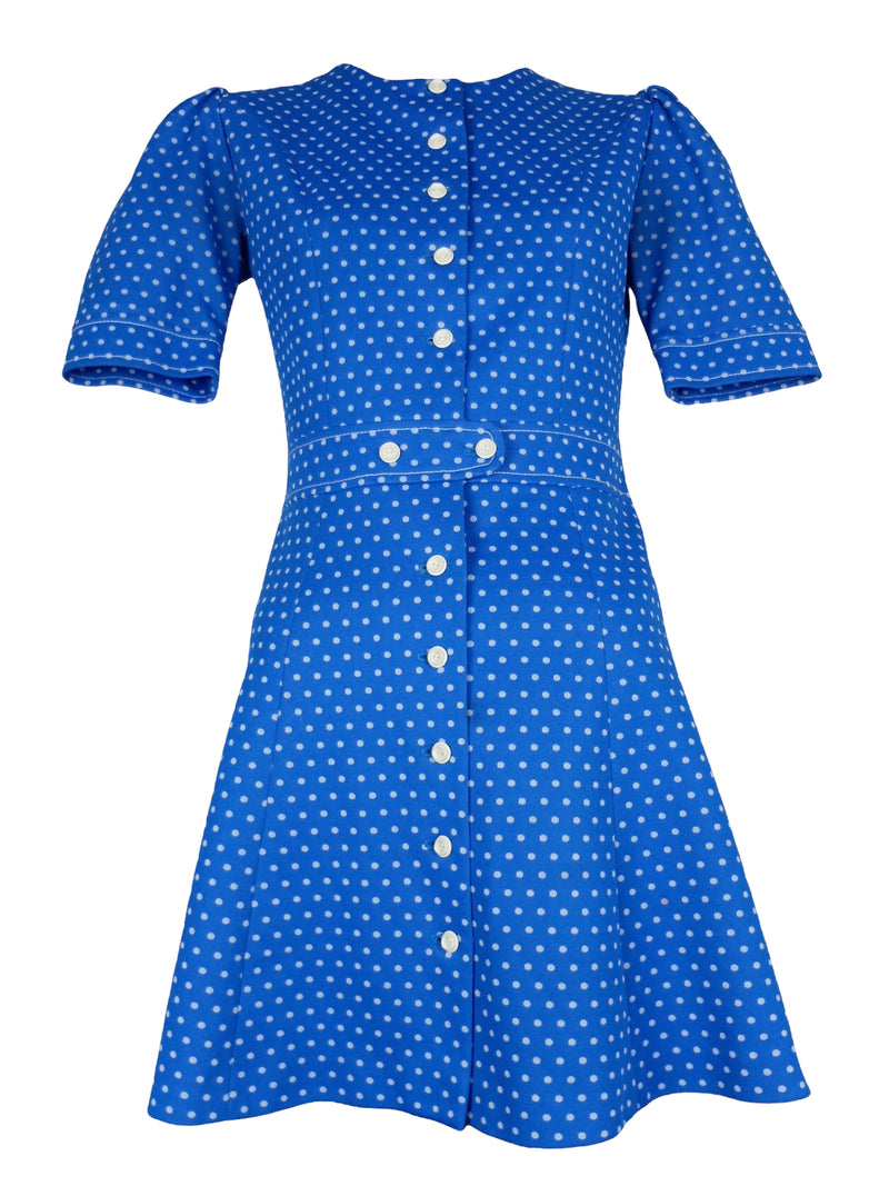 Vintage 60s Mod Psychedelic Cottage Prairie Gogo Style Blue White Polka Dot Button Down Half Sleeve Fit & Flare Above-the-Knee Skater Circle Mini Dress | Size S-M