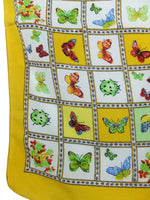 Vintage 90s Silk Cottage Prairie Milkmaid Butterfly Ladybug & Floral Print Bright Yellow Square Bandana Neck Tie Scarf