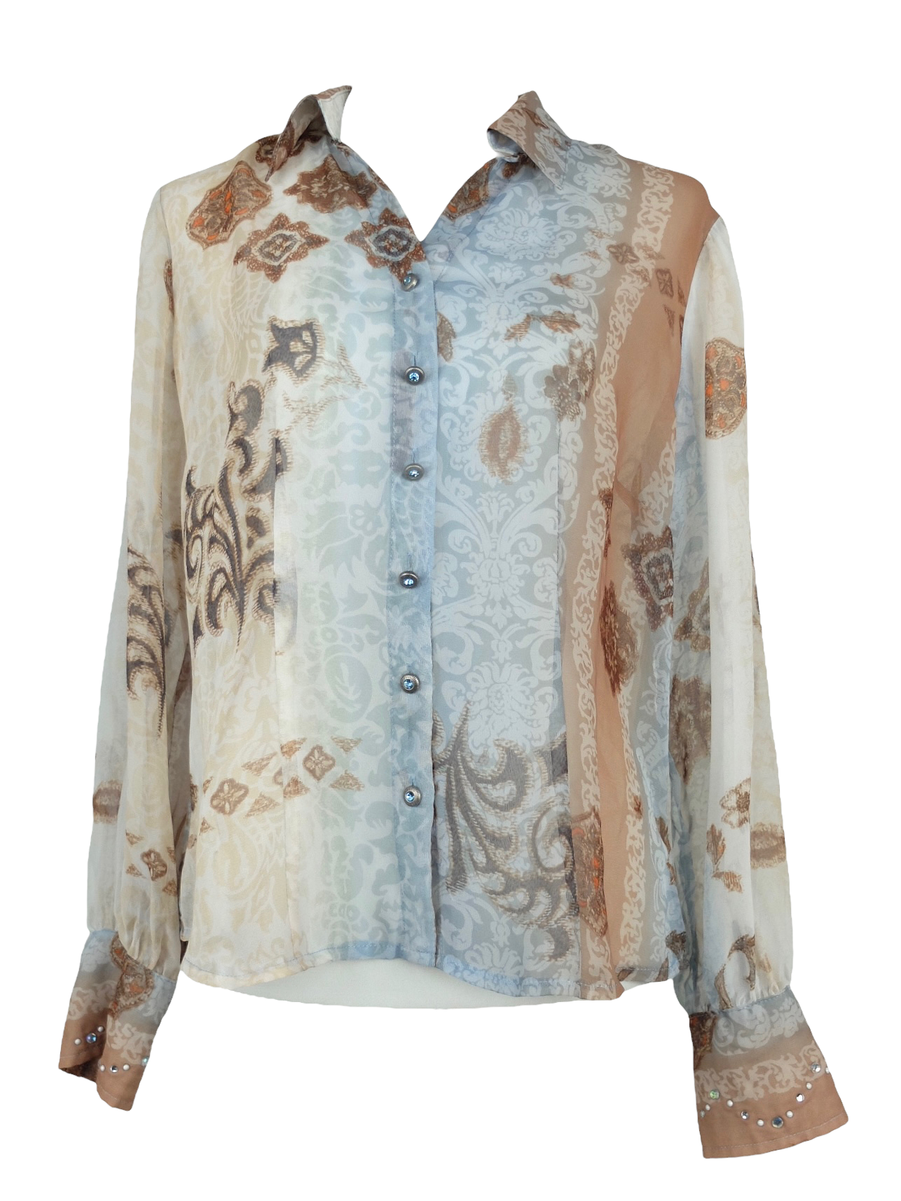 Vintage 2000s Y2K Biba Bohemian Feminine Brown & Blue Paisley Print Collared Chiffon Long Sleeve Button Up Blouse