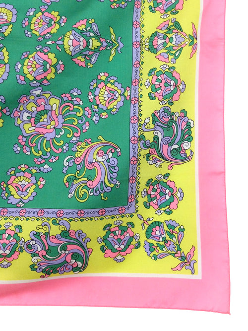 Vintage 60s Mod Psychedelic Kitsch Neon Bright Pink Green & Yellow Abstract Fleur-de-Lis Patterned Small Square Bandana Neck Tie Scarf