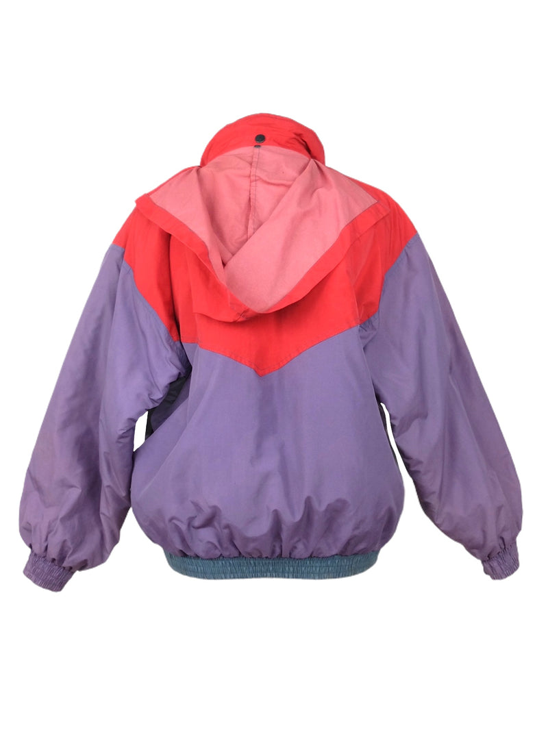 Vintage 80s Decathalon Funky Colourblocked Puffer Padded Windbreaker Zip & Snap Button Up Jacket with Roll-Up Hood | Size S