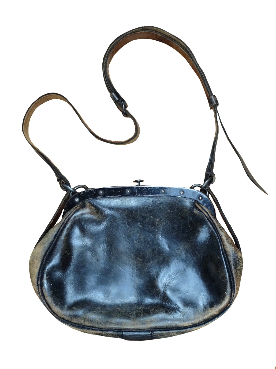 Vintage 30s Antique Leather & Metal Utility Glam Rock Moto Style BVG Berlin Train Conductor Crossbody Purse Bag with Snap Closure