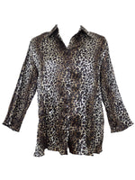 Vintage 90s Y2K Silky Bohemian Chic Funky Party Cheetah Animal Print Brown & Black Collared Long Sleeve Button Up Shirt | Women’s Size M-L