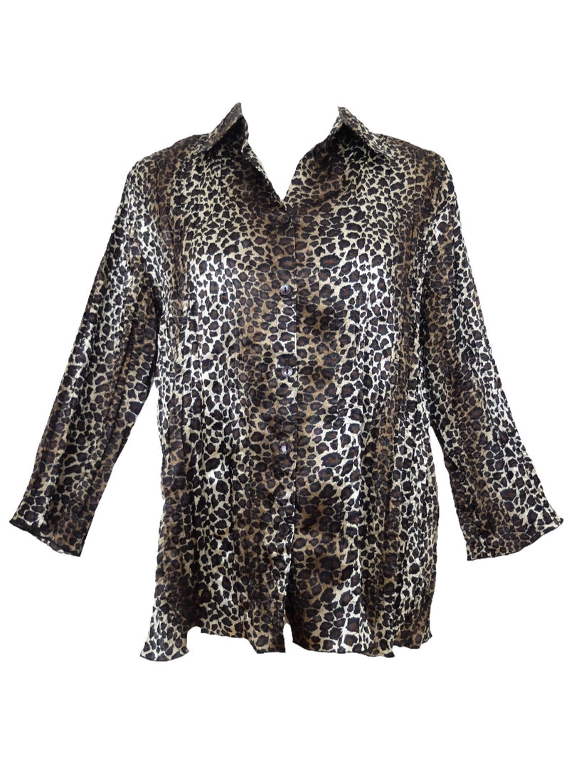 Vintage 90s Y2K Silky Bohemian Chic Funky Party Cheetah Animal Print Brown & Black Collared Long Sleeve Button Up Shirt | Women’s Size M-L
