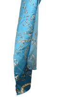 Vintage 90s Chic Silky Paris Chain Patterned Blue Long Wide Neck Tie Scarf